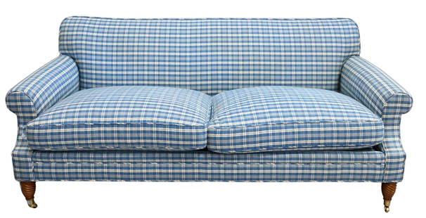 Edward Ferrell Contemporary Custom Blue and White Two Seat Sofa: Edward Ferrell Contemporary Custom Blue and White Two Seat Sofa Ferrell Mittman, New York, in Pierre Frey Plaid, over carved wood legs set on brass casters, along with five pillows height 32 inches, d