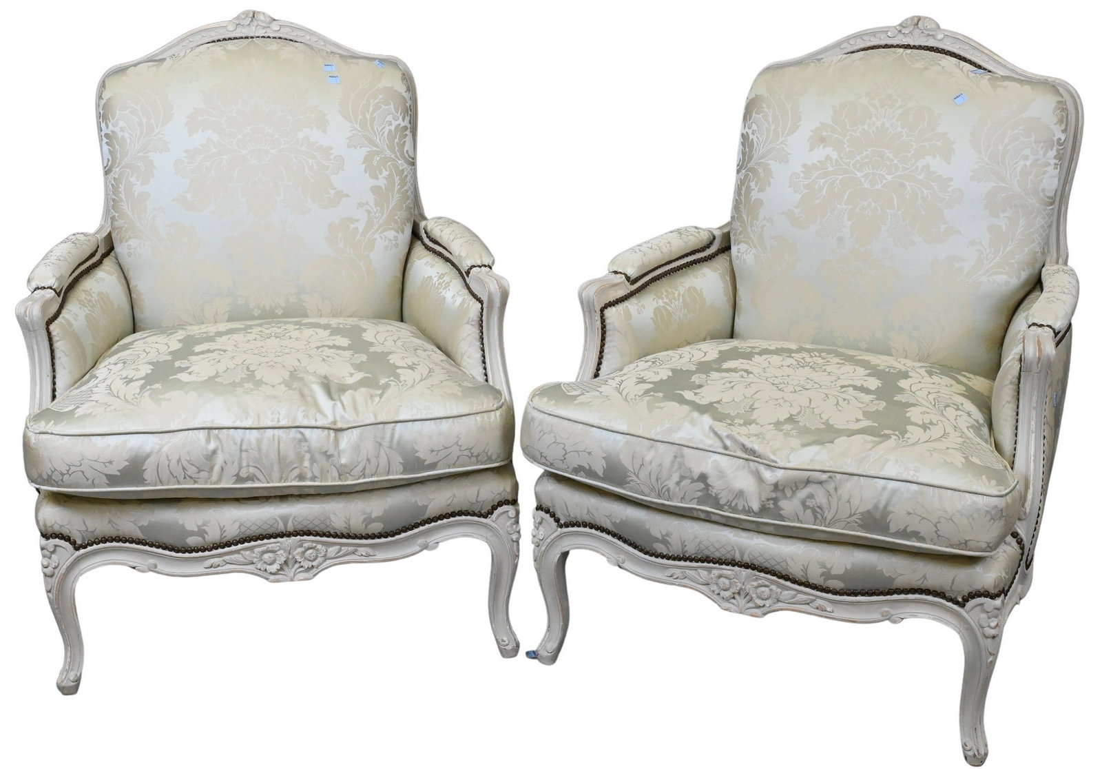 Pair of Custom Louis XV Bergeres: Pair of Custom Louis XV Bergeres each armchair having carved and painted body, custom green floral silk upholstery, nailhead accents over curved feet, Fleurs and Maison each chair retails for $5,222 h