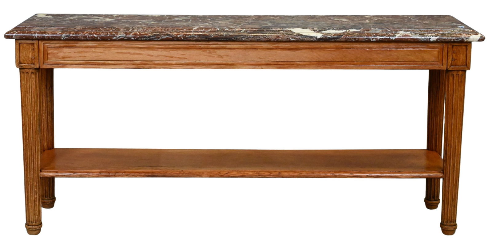 Two Tiered Marble Top Oak Console Tables: Two Tiered Marble Top Oak Console Tables having tapered fluted neoclassical legs and a rouge royale mottled marble top, 19th century length 67 inches, depth 16 inches, height 31 inches Provenance: Jam