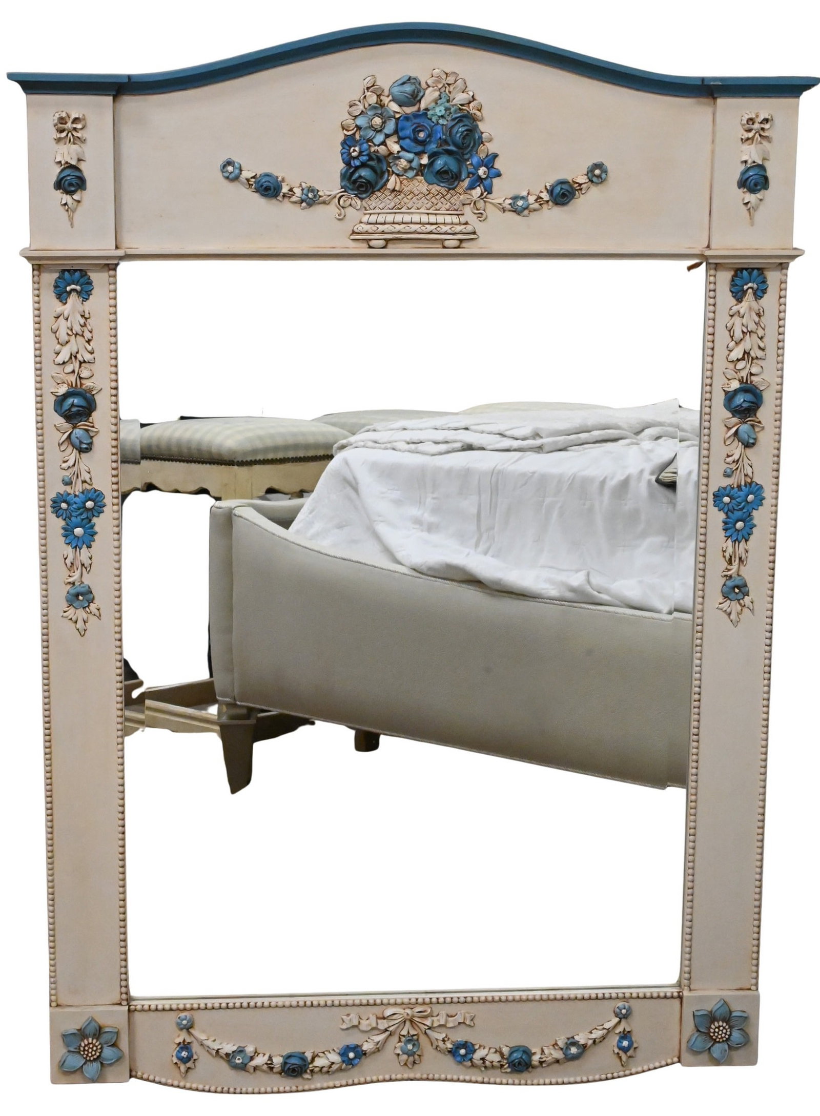 Decorative Floral Motif Mirror: Decorative Floral Motif Mirror having carved blue roses motif and beveled glass mirror height 45 inches, width 32 inches Provenance: From a Park Avenue, New York, estate (no receipt available)