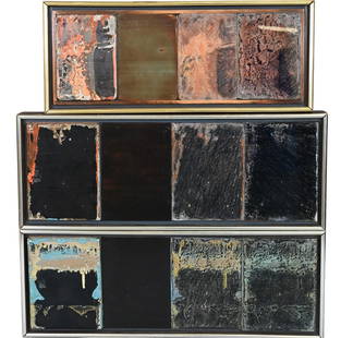 Douglas Vogel (American Born 1938): Douglas Vogel (American Born 1938) Four bells to I, II, III, 1977 Mixed medium triptych, acrylic, paper, glass, wood on board Signed and dated verso Douglas D. Vogel '77 6 1/2 x 19 1/4 each Provenance