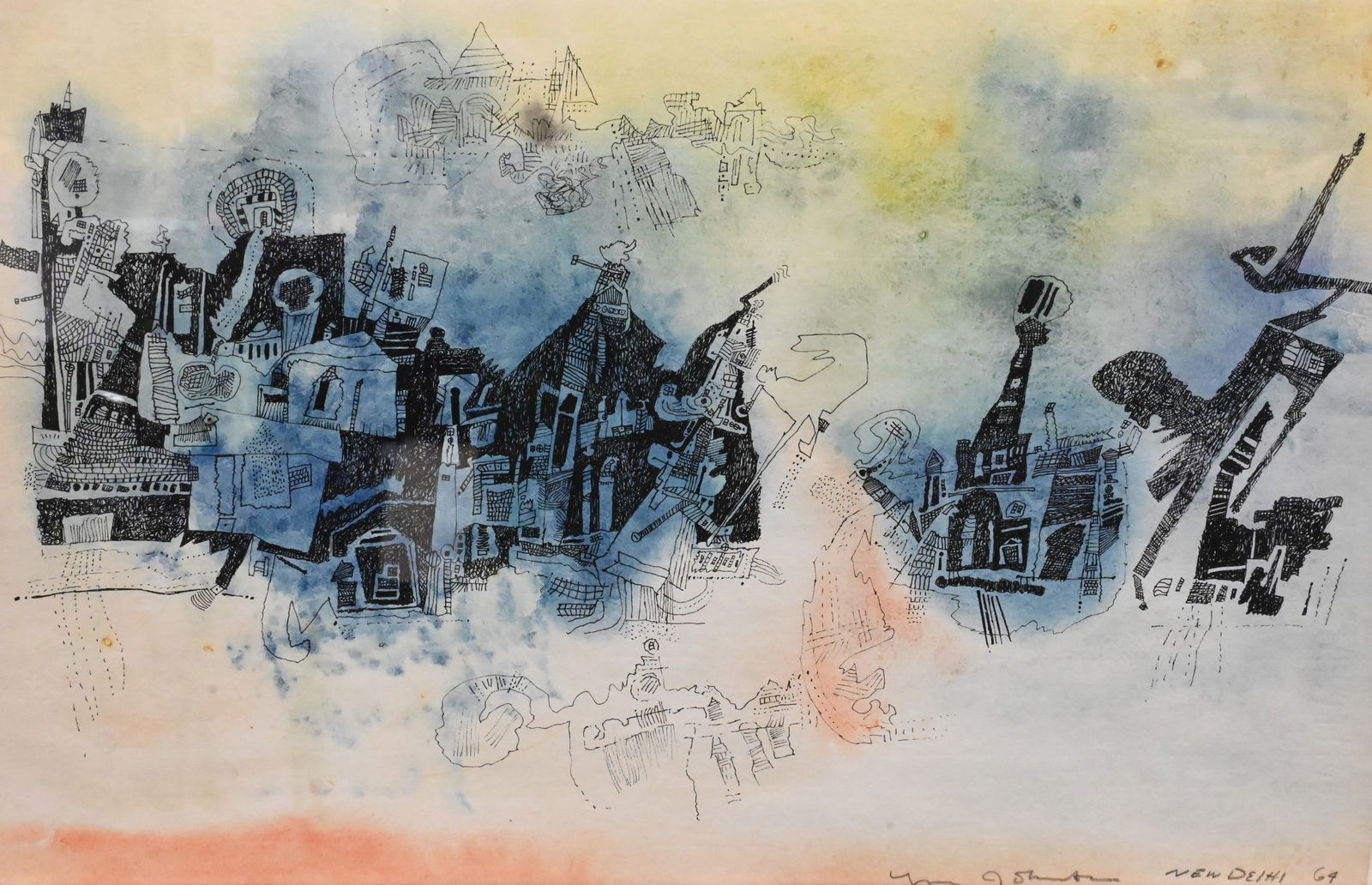 Ynez Johnston (American 1920-2019): Ynez Johnston (American 1920-2019) "New Delhi", 1964 Watercolor, pen and ink on paper Signed, titled and dated lower right Ynez Johnston New Delhi '64 11" x 18" Condition: slight foxing throughout, lo