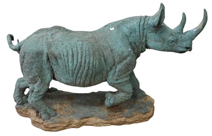 Cast Bronze Sculpture of Rhinoceros on Realistic Ground Base