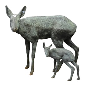Two Cast Bronze Deer, Doe, and Fawn