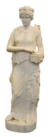 White Marble Life Size Sculpture of a Woman Holding a Box