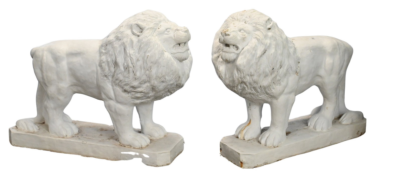 Pair of Cast Lion Figures: Pair of Cast Lion Figures on rectangular bases height 32 inches length 40 inches Provenance: Estate of Stephen F. Osborne, 2185 South Easton Road, Doylestown, Pennsylvania