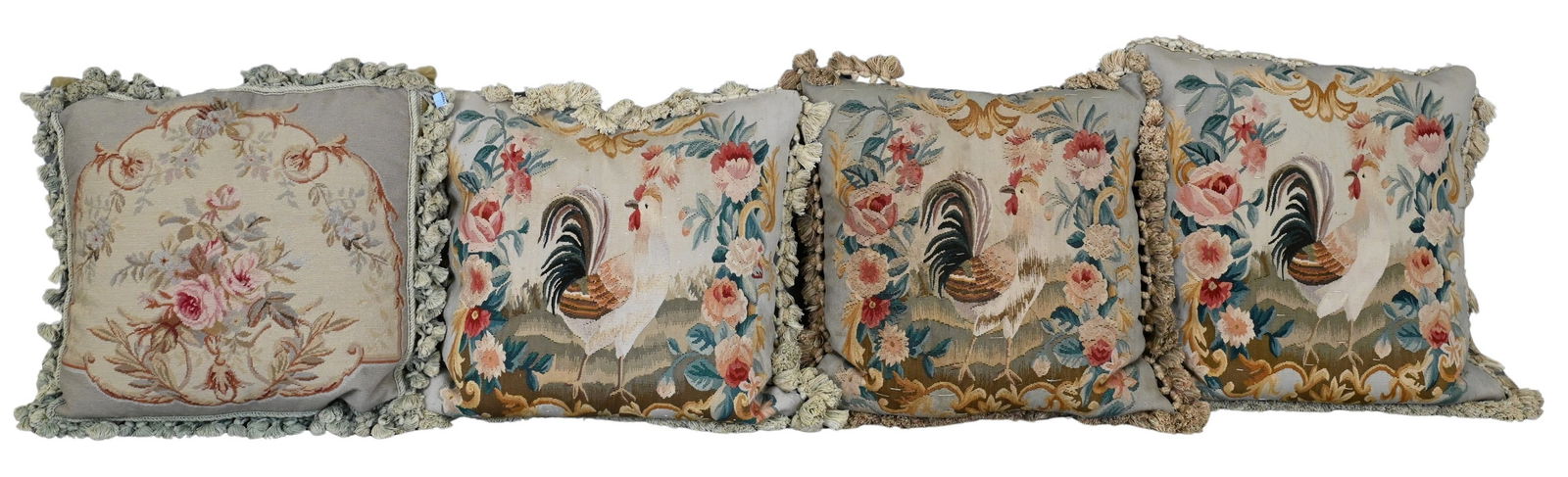 Four Custom Pillows: Four Custom Pillows three having Aubusson tops and one with rooster needlepoint 18" x 20" Provenance: Part of a collection from Essex, Connecticut