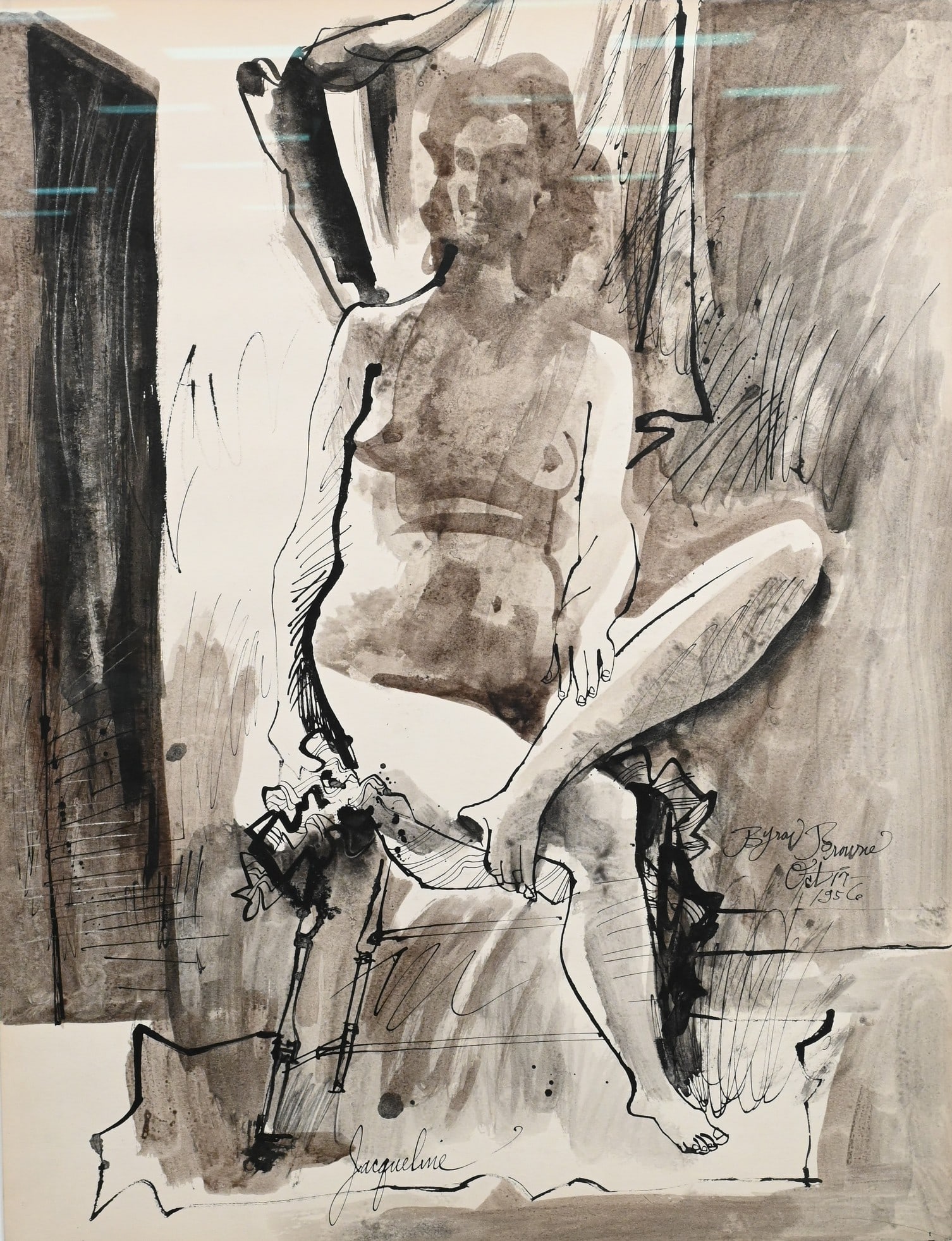 Byron George Browne (American 1907-1961): Byron George Browne (American 1907-1961) "Jacqueline" seated female nude study, 1956 Sepia ink wash / watercolor on paper Signed and dated lower right Byron Browne OCtober 17, 1956, titled bottom cent