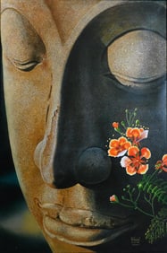 Large Portrait of a Stone Buddha Face with Flowers