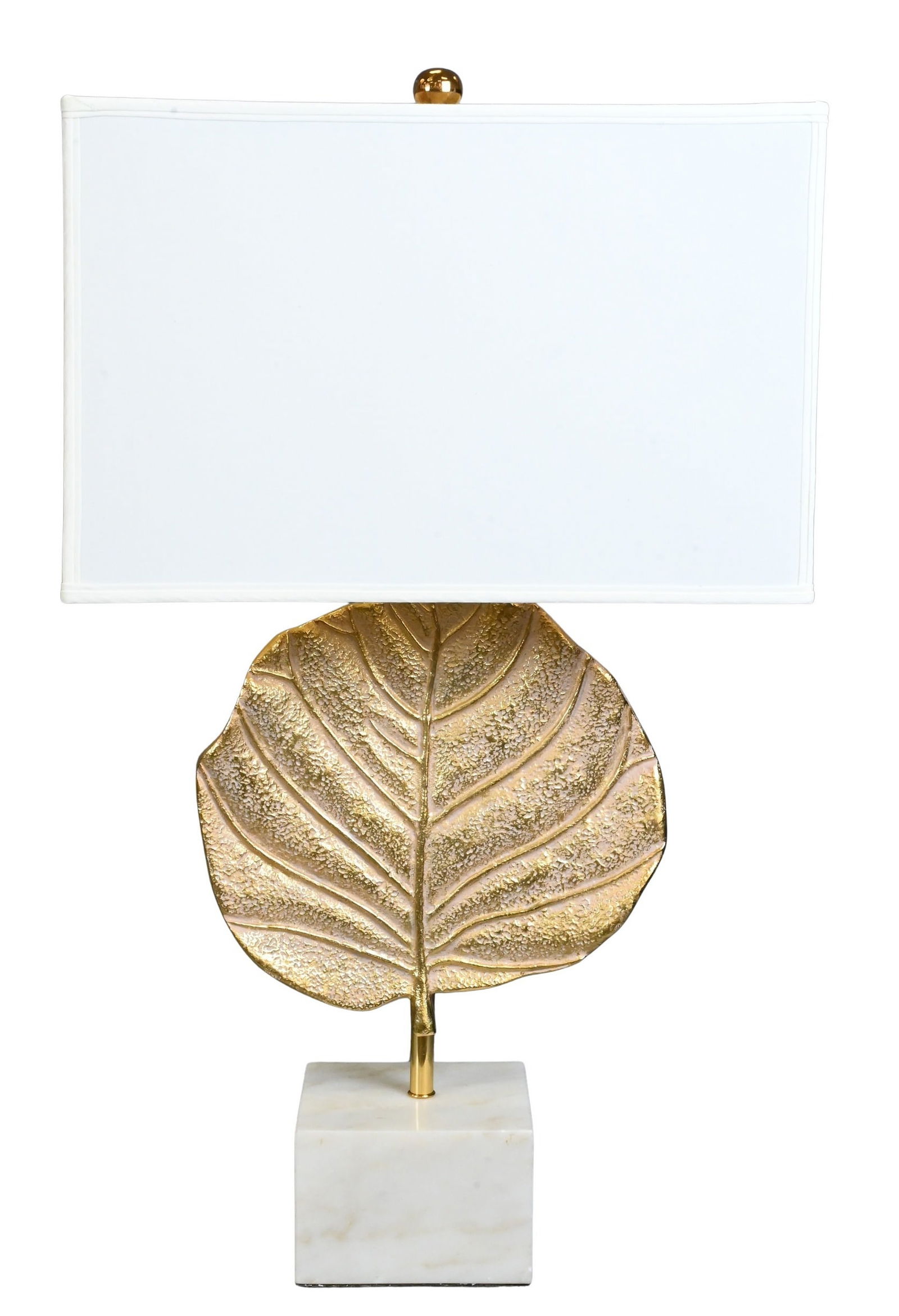 Maison Charles Style Leaf Table Lamp: Maison Charles Style Leaf Table Lamp after "Guadeloupe" and "clea" lights designed by Christian Charles having brass body with lily pad mount set on square white marble base and custom shade height to