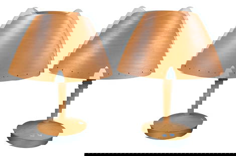 Pair of Soren Eriksen for Lucid "Harmonic" Table Lamps: Pair of Soren Eriksen for Lucid "Harmonic" Table Lamps having white acrylic and beech wood cone shaped lamp shade over tapering body, ending in round wood and metal base height 25 inches