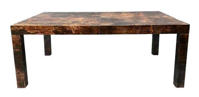 Aldo Tura Lacquered Goatskin Dining Table: Aldo Tura Lacquered Goatskin Dining Table with leaf height 29 3/8 inches, leaf 21 inches, top 44" x 76", top open 44" x 97"