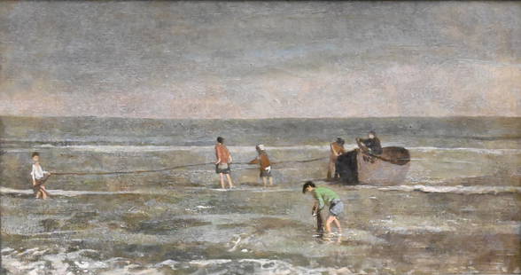 Walter Stuempfig (American 1914-1970): Walter Stuempfig (American 1914-1970) "Bringing in the Nets" seascape with boys on the beach Oil on canvas Signed on boat "W.S." 12" x 22"