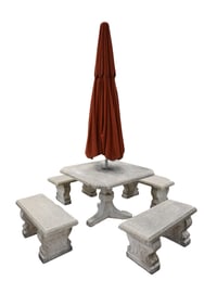 Five Piece Cast Concrete Table and Four Benches