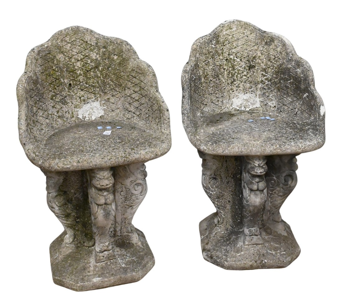 Pair of Cast Cement Chairs: Pair of Cast Cement Chairs height 34 inches, width 22 inches Provenance: Estate of Stephen F. Osborne, 2185 South Easton Road, Doylestown, Pennsylvania