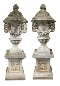 Pair of Monumental Cast Urns with Covers