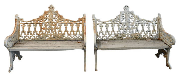Pair of Cast Iron Benches: Pair of Cast Iron Benches with wood seats height 35 inches, width 45 inches, depth 18 inches Provenance: Estate of Stephen F. Osborne, 2185 South Easton Road, Doylestown, Pennsylvania
