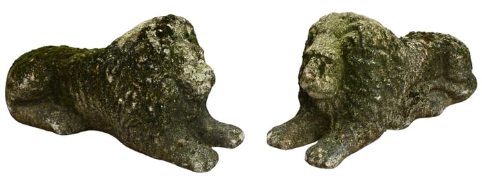 Pair of Cast Stone Recumbent Lions