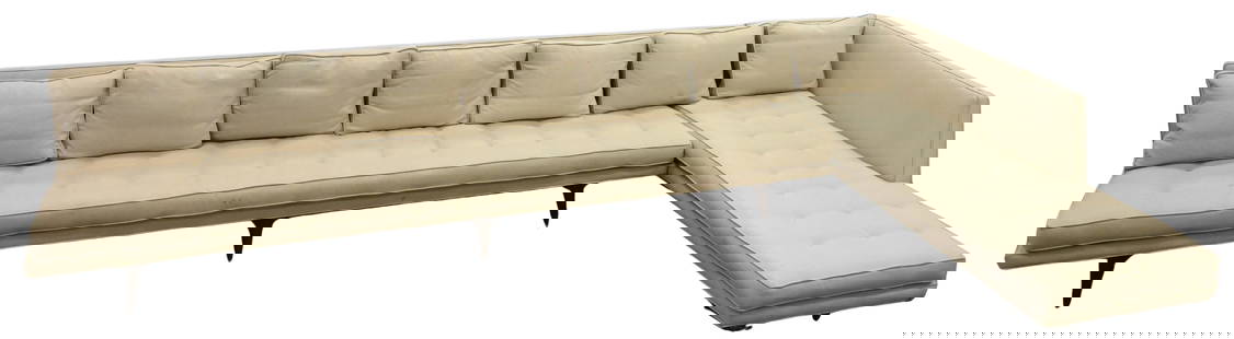 Wormley for Dunbar "Knowland" Sofa: Wormley for Dunbar "Knowland" Sofa two part sectional sofa in custom tufted upholstery on walnut frame legs height 27 inches, armless sofa length 112 inches and depth 28 inches, chaise length 75 inche