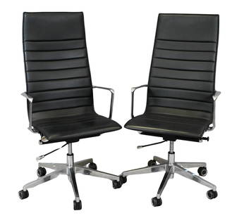 Pair of Eames Style Leather and Chrome Office Chairs: Pair of Eames Style Leather and Chrome Office Chairs set on large casters height 45 inches, width 25 inches