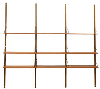 Poul Cadovius Style Mid-Century Royal Wall Shelving System: Poul Cadovius Style Mid-Century Royal Wall Shelving System having four wall-mounted wooden rails to form three bays, along with 14 adjustable wooden shelves with slender metal brackets total height ap