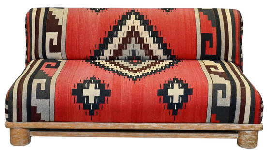 Kilim Upholstered Loveseat: Kilim Upholstered Loveseat having beachwood base and legs, in the manner of Ralph Lauren height 29 inches, width 61 inches, depth 34 inches