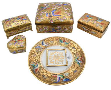 Five Piece Le Tallec Birds of Paradise Porcelain Group: Five Piece Le Tallec Birds of Paradise Porcelain Group to include one heart form trinket box, one rectangular box, one rectangular box raised on gilt feet, on oyster plate each having gilt and hand pa