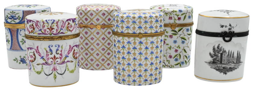 Six Piece Le Tallec and Tiffany & Company Tall Porcelain Trinket Boxes: Six Piece Le Tallec and Tiffany & Company Tall Porcelain Trinket Boxes to include three signed Tiffany & Company one of which having pink flowers and gilt diamond pattern and the other having scrollin