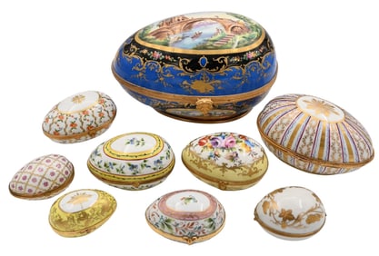 Eight Le Tallec Porcelain Covered Egg Form Bowls, Some Tiffany and Company