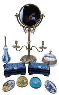 Nine Piece Decorative Desktop Group: Nine Piece Decorative Desktop Group to include Victorian brass shaving mirror with candle stand, two blue and black Indian lacquered boxes, delft finial with brass fitting, four John Derian glass pape