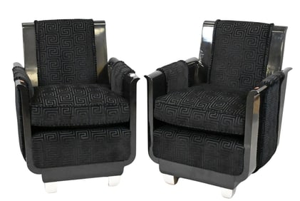 Pair of Custom Art Deco Style Black Lacquered Armchairs
