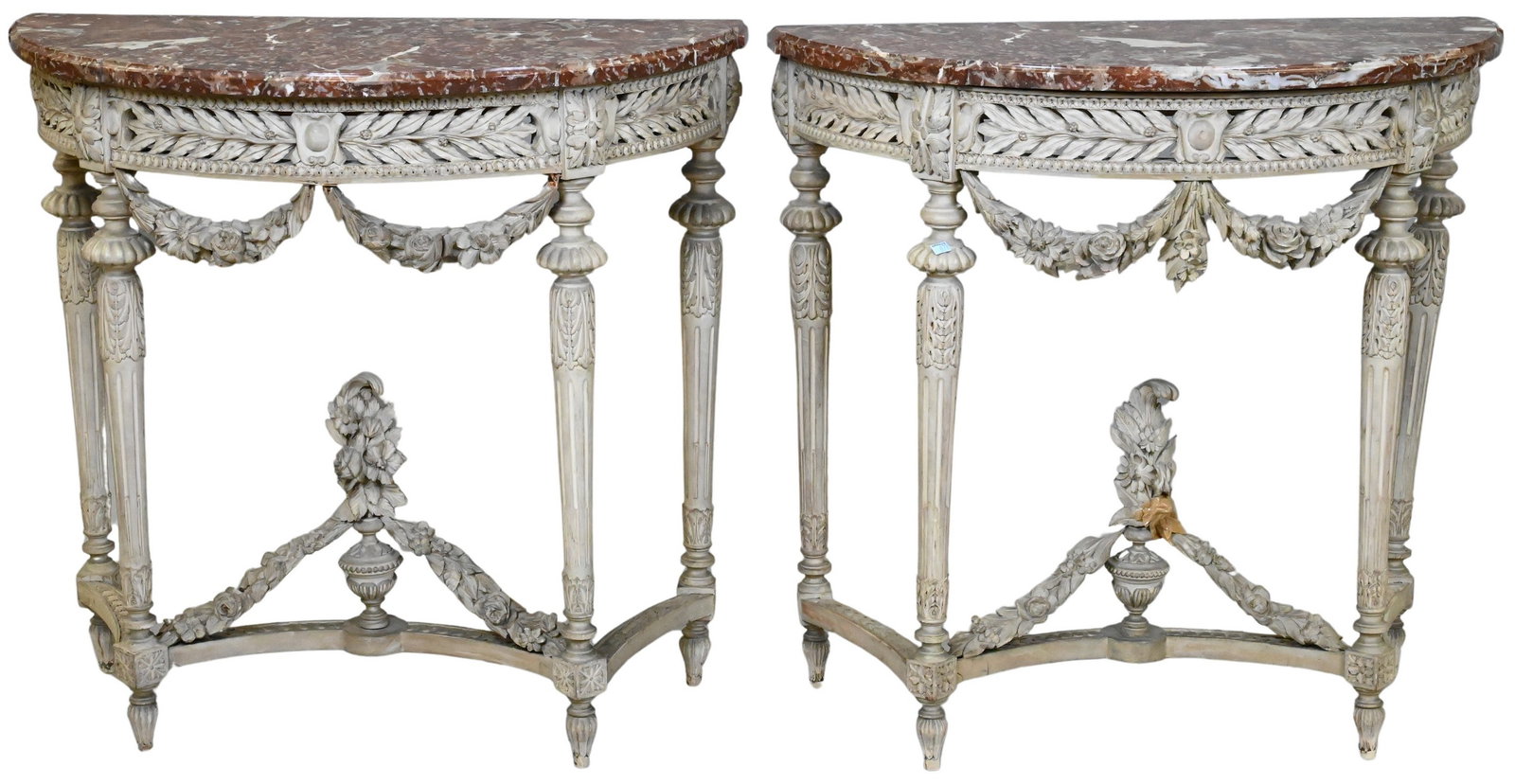 Pair of Louis XVI Style Demilune Console Tables having Rouge Marble Tops (1 of 6)