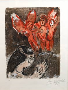 Marc Chagall (Russian/French 1887-1985): Marc Chagall (Russian/French 1887-1985) "Sara et les Anges" (Sarah and the Angels) Pencil signed lower right with "EA" on the lower left, presumably from edition of 50 plus 10 artist Lithograph Plate