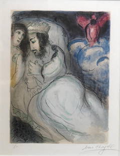 Marc Chagall (Russian/French 1887-1985): Marc Chagall (Russian/French 1887-1985) "Sera et Abimelech" (Sarah and Abimelech),1952-1960 Lithograph Pencil signed lower right with "EA" on the lower left, presumably from edition of 50 plus 10 arti