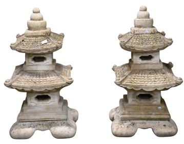 Pair of Cast Concrete Pagoda Yard Ornaments