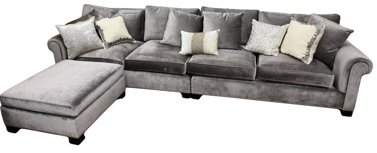 Custom Ralph Lauren Sectional Sofa: Custom Ralph Lauren Sectional Sofa in Jamaica model, having left and right arm two deep seat sectionals, and ottoman, in custom silver suede / velvet upholstery with nailhead accents all over fluted w