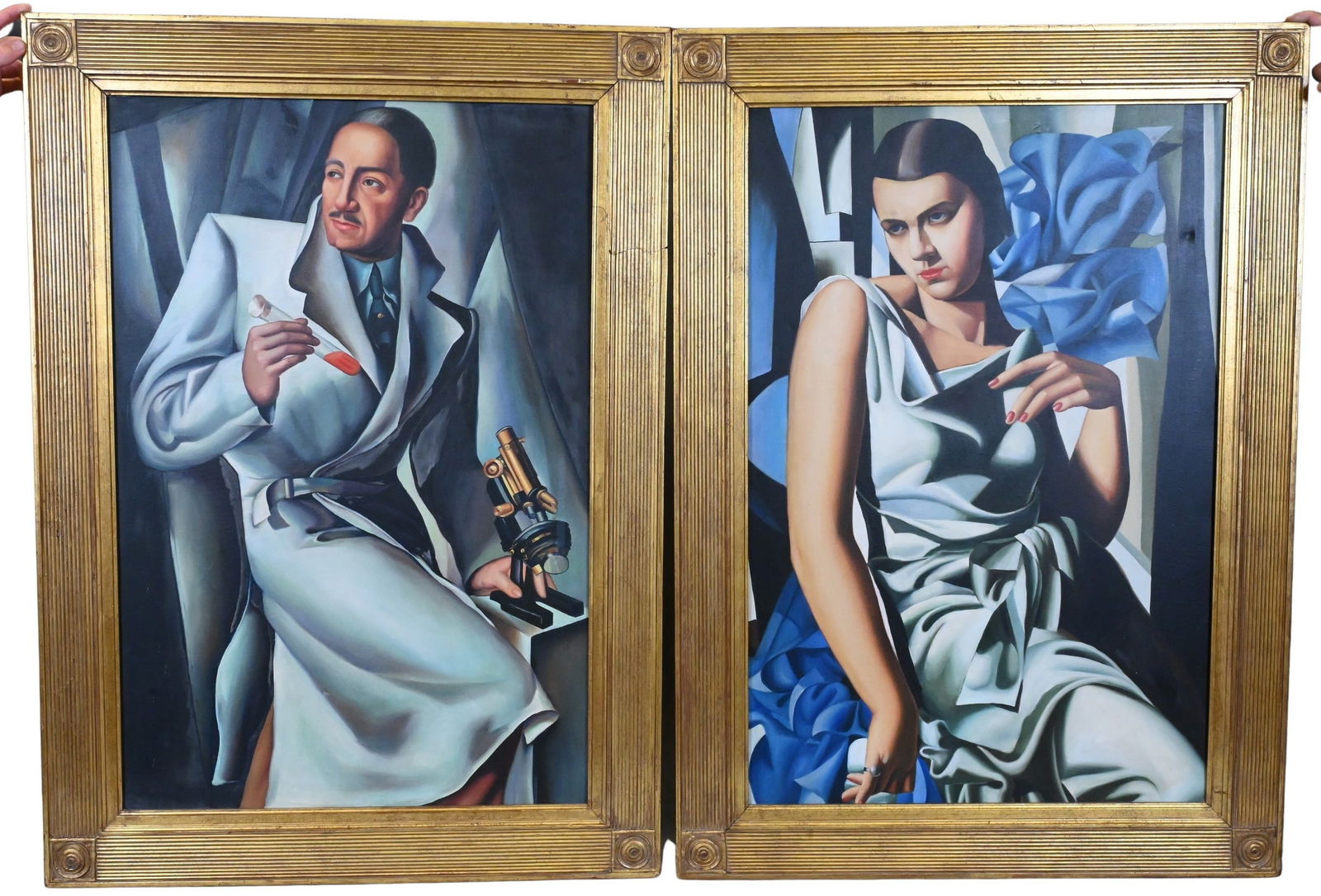 Pair of Art Deco Portraits After Tamara de Lempicka (Polish 1898-1980): Pair of Art Deco Portraits After Tamara de Lempicka (Polish 1898-1980) "Portrait of Madame M." originated 1932 Oil on canvas Unsigned 36" x 24" "Portrait of A Dr. Bouchard" originated 1929 Oil on canv