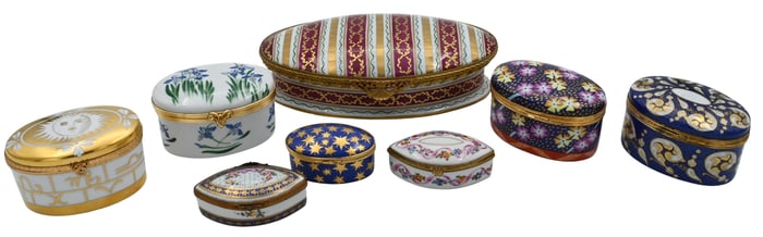 Eight Le Tallec and Tiffany and Company Hinged Porcelain Boxes