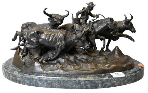 Frederic Remington (American 1861-1909): Frederic Remington (American 1861-1909) "Stampede" Bronze on green marble base Signed Frederic Remington total length 18 inches, height 10 inches