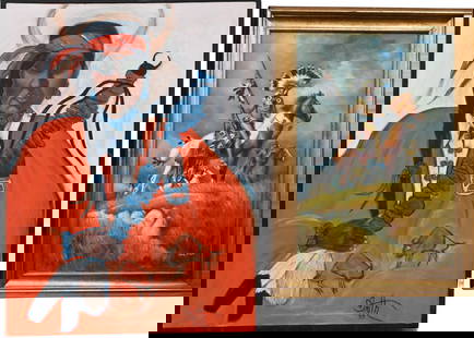 Group of Three Large Native American Framed Pieces: Group of Three Large Native American Framed Pieces to include Sue Reynolds (American 20th/21st Century) "Fancy Dancer" Oil on canvas Signed lower right Sue 36" x 24" Large portrait of a Native America