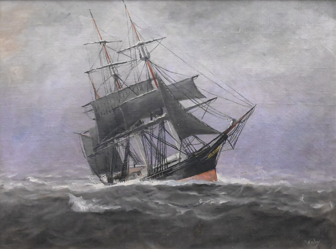 T. Bailey (American 19th/20th Century): T. Bailey (American 19th/20th Century) Clipper Ship "Red Jacket" in a Storm Oil on canvas Signed lower right T.Bailey 24" x 32"