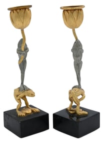 Pair of Art Nouveau Gilt Metal Frog Candlesticks