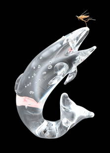 James Houston for Steuben Trout and Fly Paperweight: James Houston for Steuben Trout and Fly Paperweight free standing crystal trout with gold fly in mouth, signed on base, repaired height 7 1/2 inches