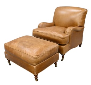 George Smith Style Tan Leather Chair and Ottoman