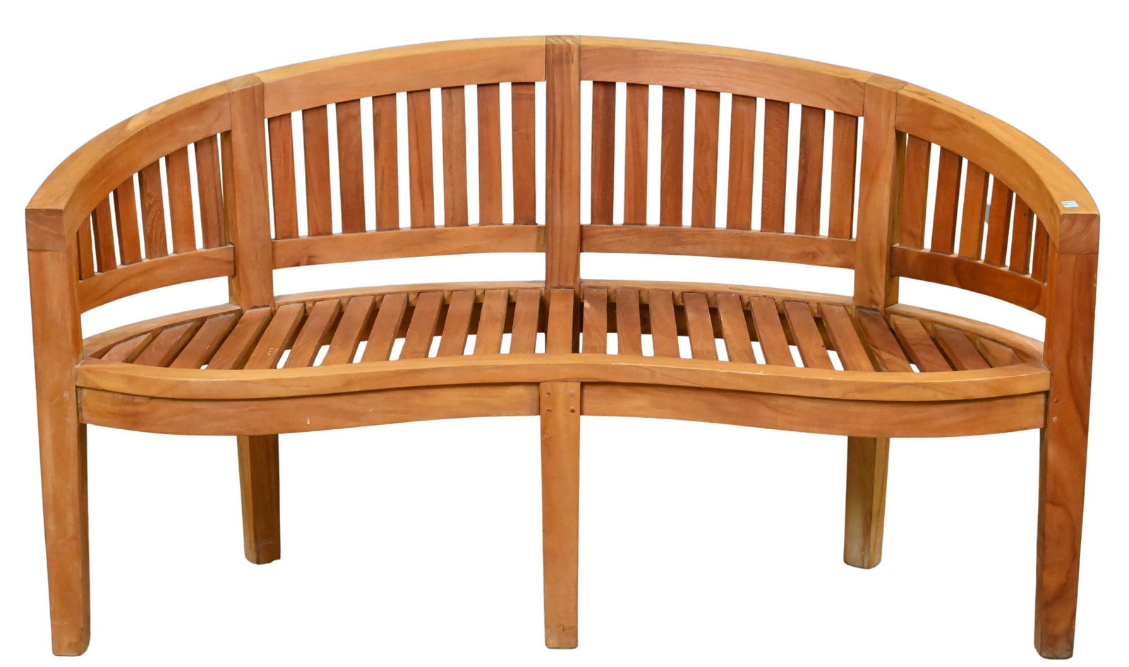 Teak Outdoor Crescent Shaped Bench: Teak Outdoor Crescent Shaped Bench height 34 inches, length 60 inches