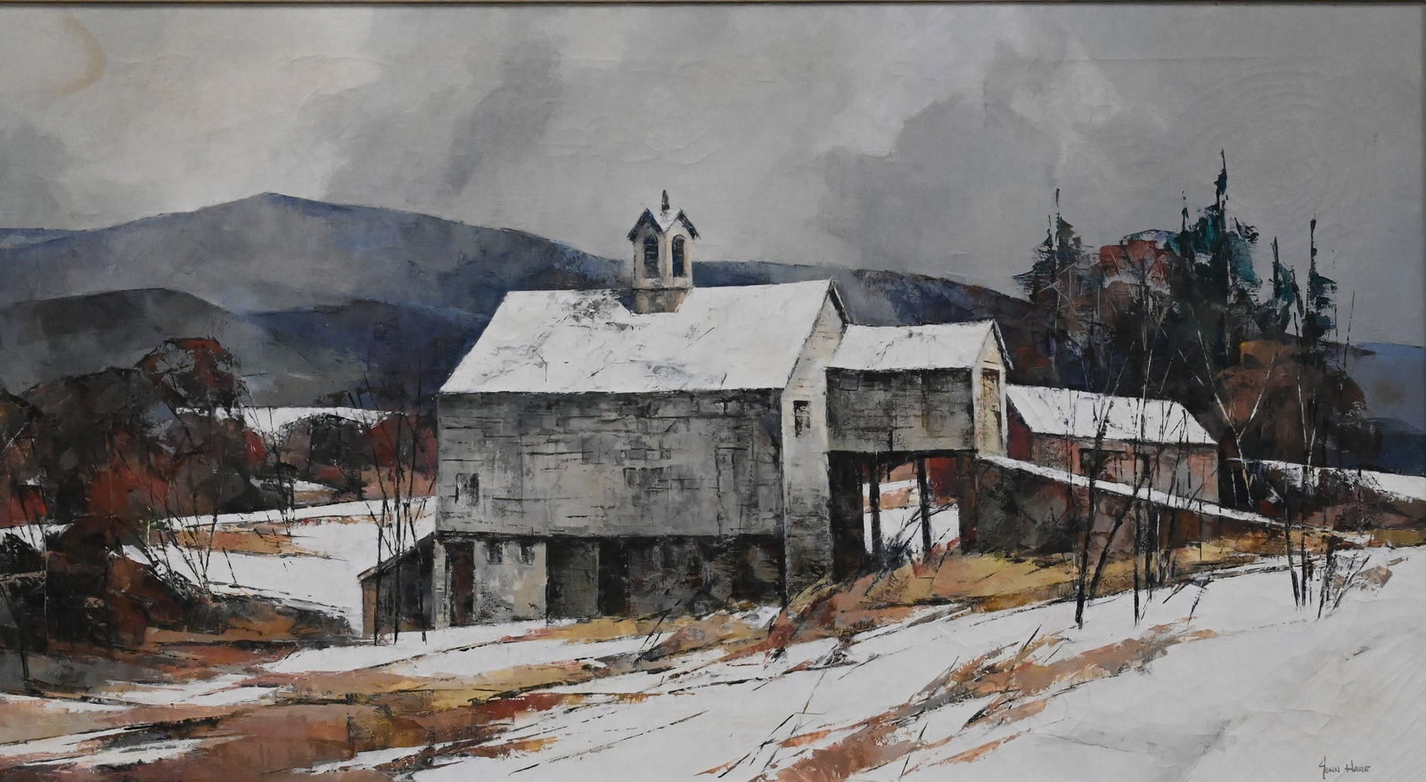 John Cuthbert Hare (American 1908-1978): John Cuthbert Hare (American 1908-1978) "Winter Farm Thetford, Vermont" Oil on canvas Signed lower right John Hare, titled verso 20" x 36"