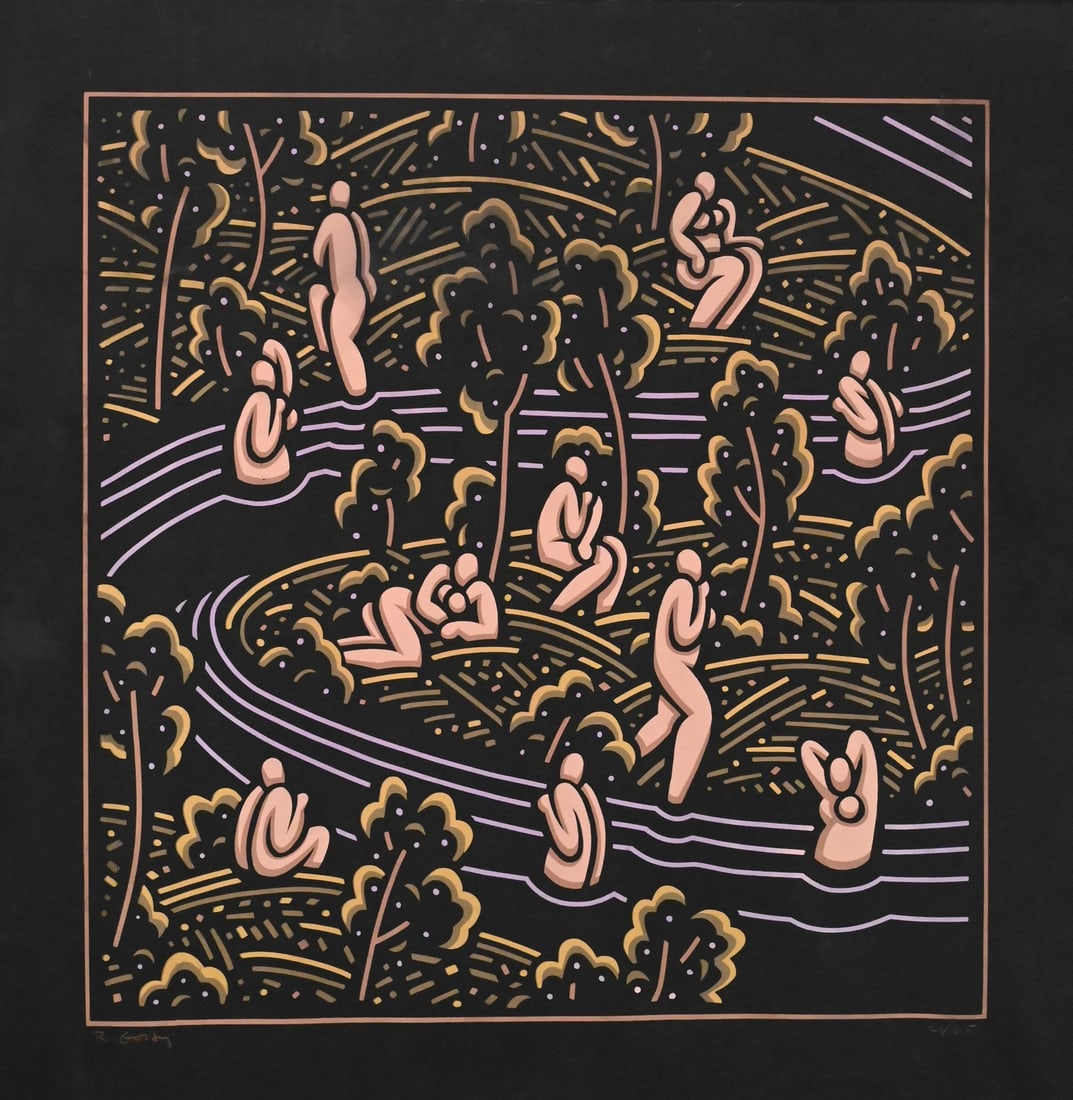 Robert Gordy (American 1933-1986): Robert Gordy (American 1933-1986) "River Bathers" Silkscreen on black paper, edition 21/65 Signed lower left R. Gordy 20 3/4" x 20 1/4"