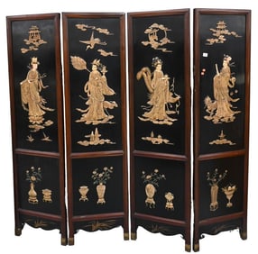 Chinese Four Panel Lacquered Screen