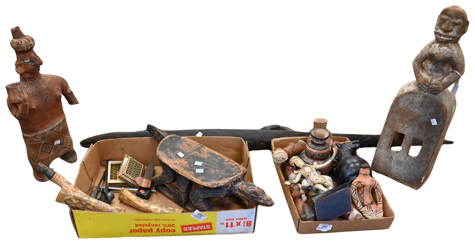 Small Tribal Ethnographic Grouping: Small Tribal Ethnographic Grouping to include Dogon African mask, purchased for $3000 from Vault, carved wood turtle head rest or stool, large Pre-Columbian Nayarit terracotta figure from Mexico, carv