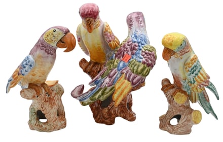Set of Three Glazed Ceramic Parrot Figures
